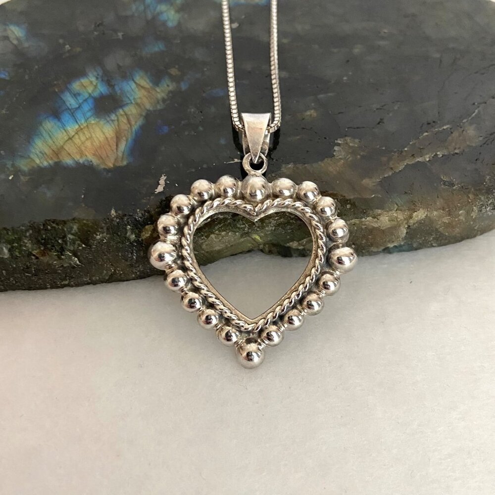 Sterling Silver 925 Beaded Open Heart Pendant Necklace 18" Box Chain - Picture 4 of 16